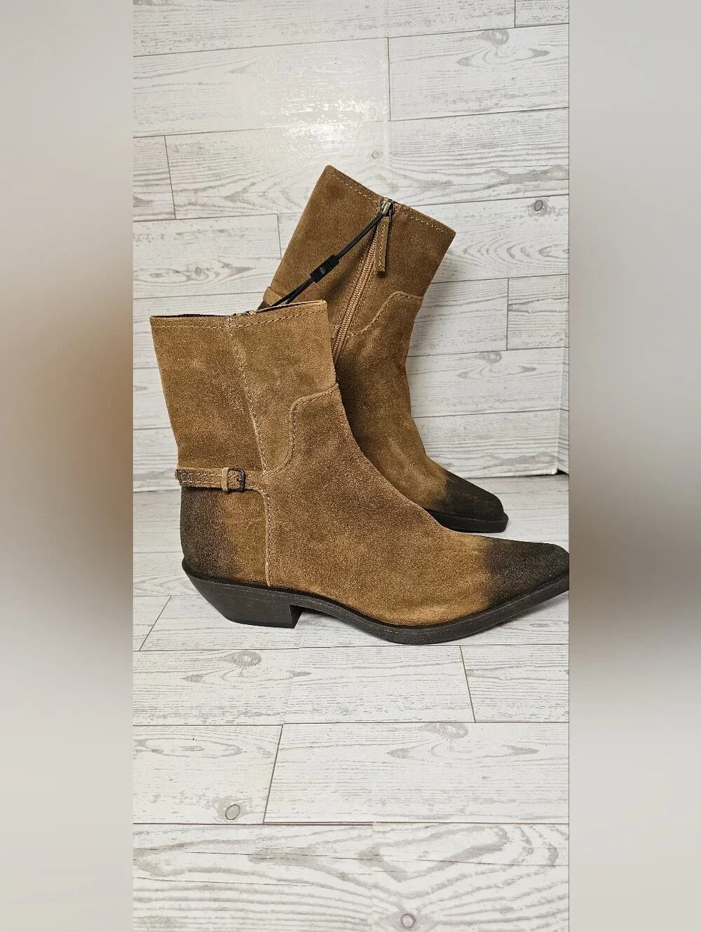 ZARA Women's Genuine Leather Western Ankle Boots - Tan / Brown Suede (Size EUR 3